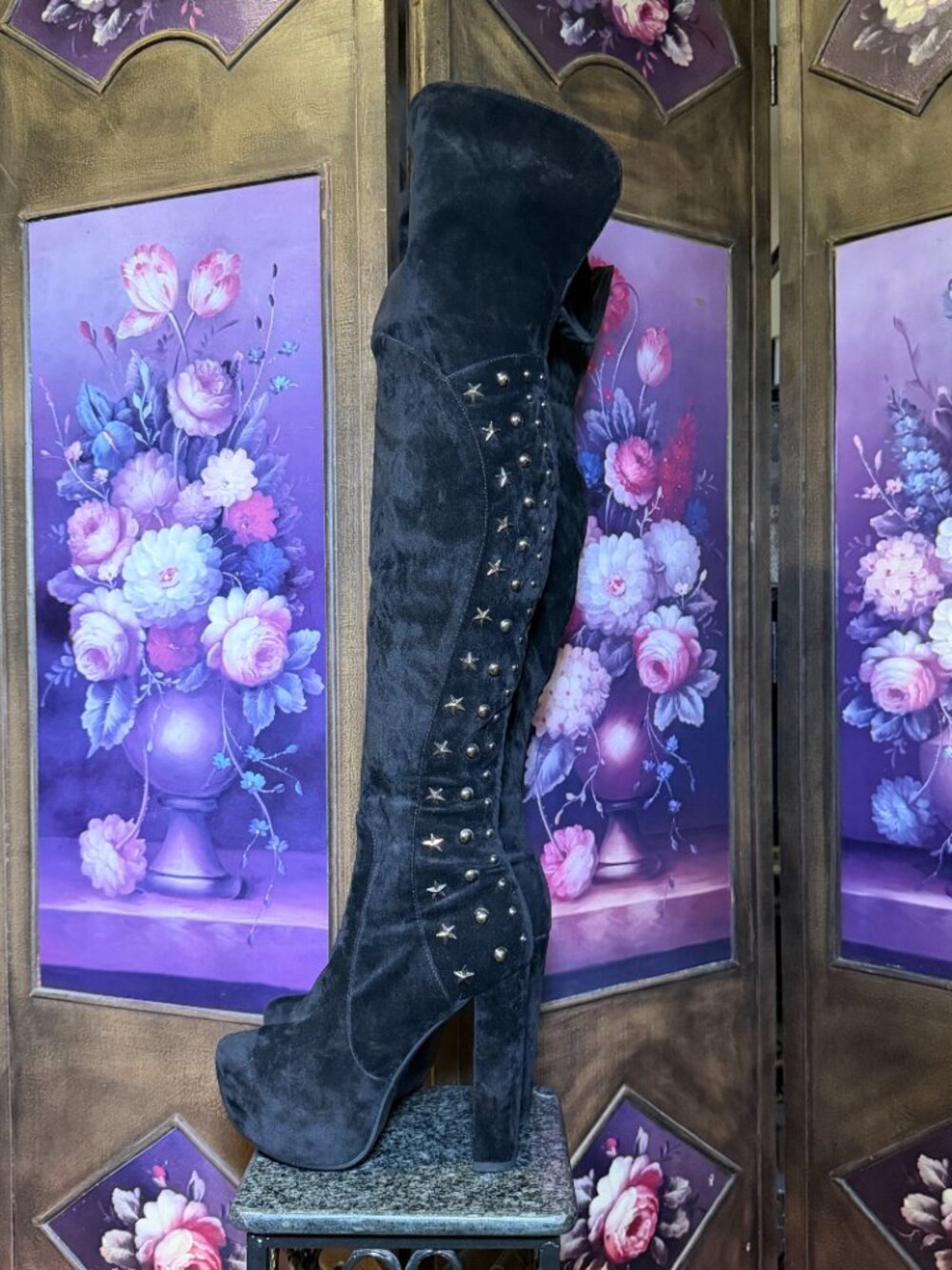 Beyond Size 10 Black Studded Star Over Knee Platform Boots 5.5” Heel Rocker